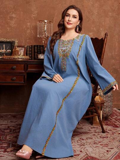 Al Najma Tunique ample à manches longues en couleur unie avec col brodé, pour le printemps/automne, grande taille, style turc. Abaya traditionnelle arabe