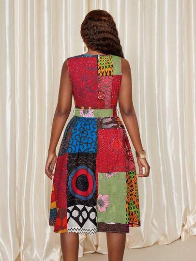 Eryvara Robe de vacances à col rond sans manches avec imprimé africain mixte pour femmes, imprimé aléatoire