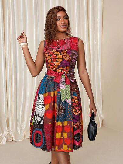 Eryvara Robe de vacances à col rond sans manches avec imprimé africain mixte pour femmes, imprimé aléatoire
