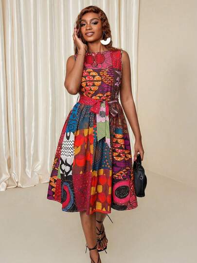 Eryvara Robe de vacances à col rond sans manches avec imprimé africain mixte pour femmes, imprimé aléatoire