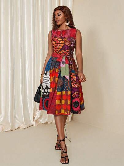 Eryvara Robe de vacances à col rond sans manches avec imprimé africain mixte pour femmes, imprimé aléatoire