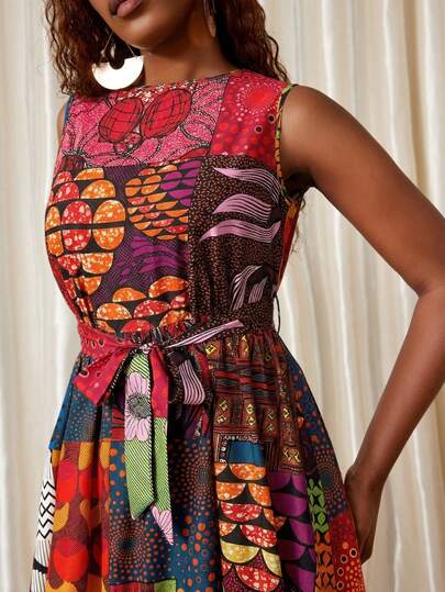 Eryvara Robe de vacances à col rond sans manches avec imprimé africain mixte pour femmes, imprimé aléatoire