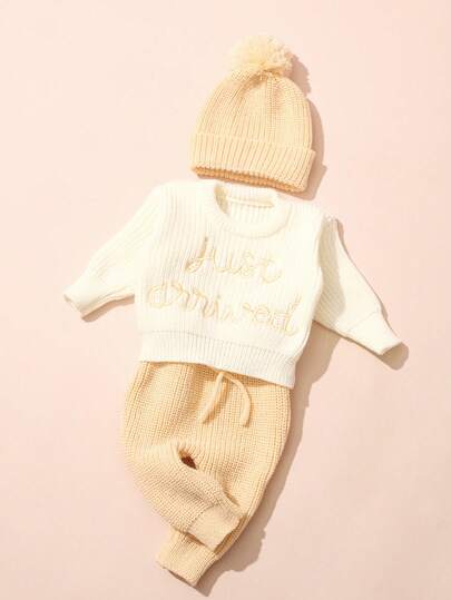 3 pièces Ensemble d'annonce d'arrivée à l'hôpital pour bébé Blanc Automne Graphique drôle Assortiment familial 1-3 mois Hauts tricotés Pantalons Chapeau Accessoires photo pour nouveau-né