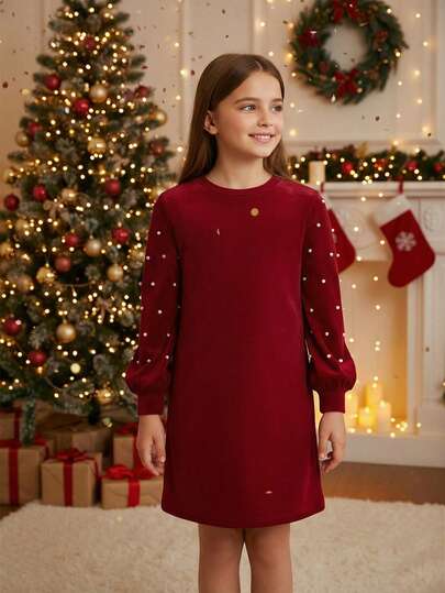 Robe élégante avec manches lanternes et ornements de perles pour jeune fille