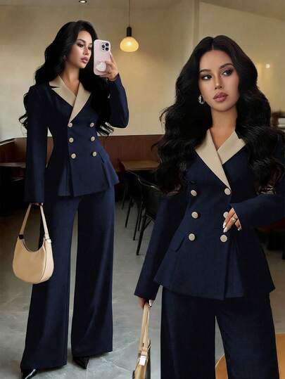 Elenzga Ensemble tailleur élégant pour femmes avec manches longues, contraste de couleurs à la taille et coupe évasée. Convient pour le port quotidien, les déplacements professionnels et diverses occasions, printemps/automne