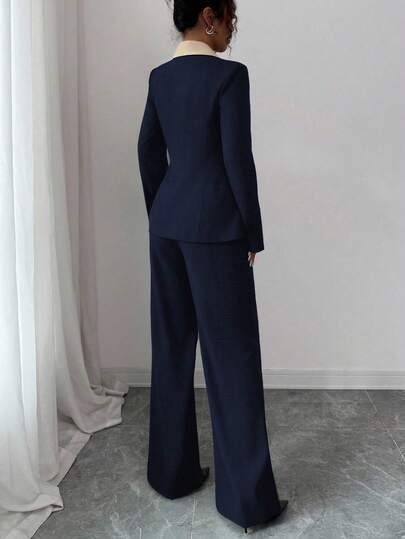 Elenzga Ensemble tailleur élégant pour femmes avec manches longues, contraste de couleurs à la taille et coupe évasée. Convient pour le port quotidien, les déplacements professionnels et diverses occasions, printemps/automne
