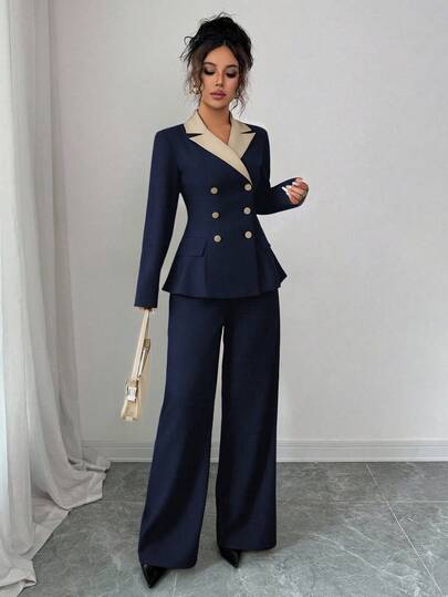 Elenzga Ensemble tailleur élégant pour femmes avec manches longues, contraste de couleurs à la taille et coupe évasée. Convient pour le port quotidien, les déplacements professionnels et diverses occasions, printemps/automne
