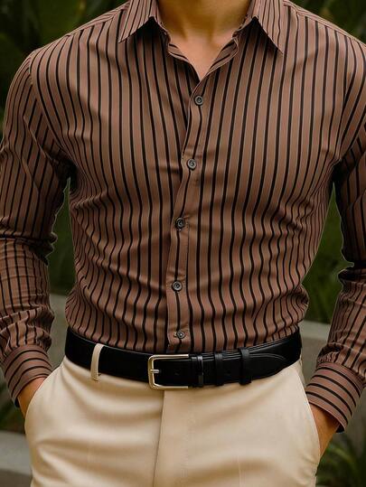 Calvornis Chemise à rayures marron pour hommes, boutonnage devant, manches longues, col, coupe régulière, en polyester, pour le travail et les déplacements, chemise à rayures, formelle, cérémonie