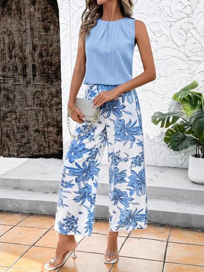 Clasi Femmes Pantalon à jambes larges plissé à imprimé floral bleu, col rond sans manches ample. Ensemble élégant et décontracté pour les sorties et les vacances. Ensembles femme d'été 2 pièces, tenues d'été décontractées pour femmes, tenues de vacances