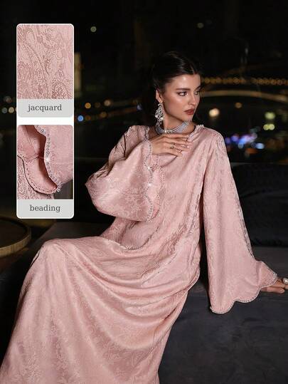 Al Najma Robe longue élégante en jacquard tressé rose avec manches longues et perles, style abaya turque et robe traditionnelle arabe pour femmes au printemps/été