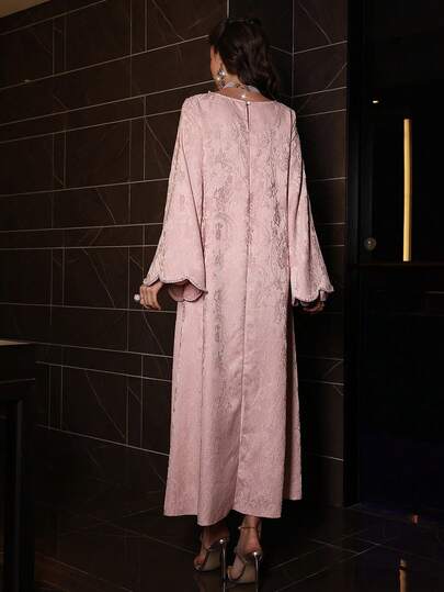 Al Najma Robe longue élégante en jacquard tressé rose avec manches longues et perles, style abaya turque et robe traditionnelle arabe pour femmes au printemps/été