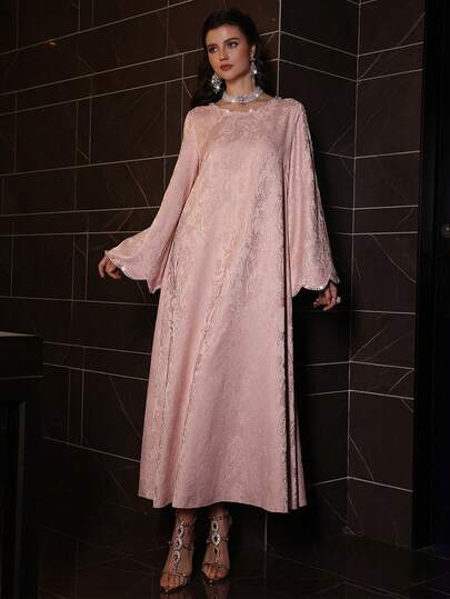 Al Najma Robe longue élégante en jacquard tressé rose avec manches longues et perles, style abaya turque et robe traditionnelle arabe pour femmes au printemps/été