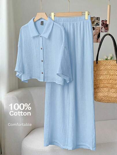 Comfortcana Ensemble chemise et pantalon en lin bleu pour femmes, printemps/été