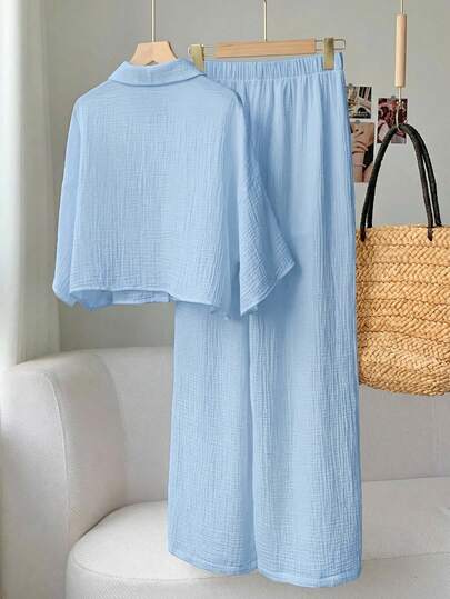 Comfortcana Ensemble chemise et pantalon en lin bleu pour femmes, printemps/été