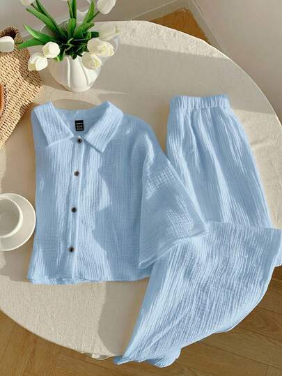 Comfortcana Ensemble chemise et pantalon en lin bleu pour femmes, printemps/été