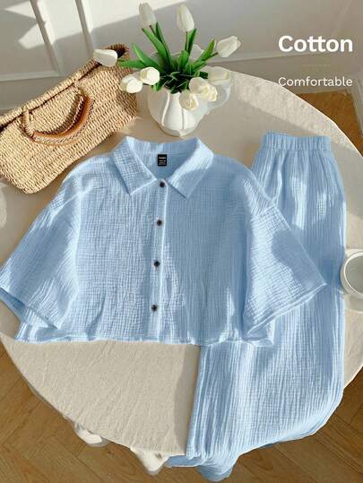 Comfortcana Ensemble chemise et pantalon en lin bleu pour femmes, printemps/été