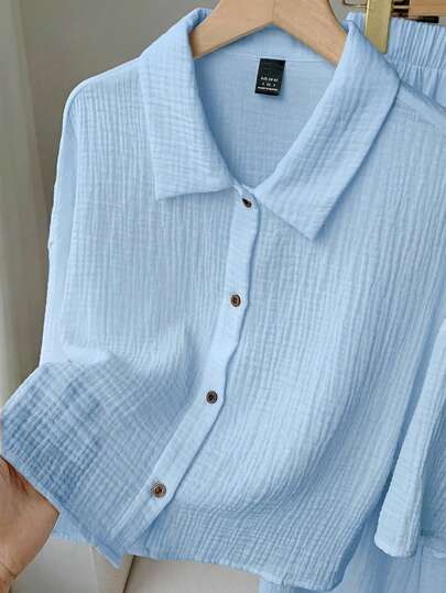 Comfortcana Ensemble chemise et pantalon en lin bleu pour femmes, printemps/été