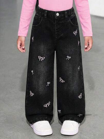 Elladie kids Jeans bleus droits délavés polyvalents et à la mode pour filles, automne