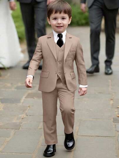 Ensemble de costume formel pour garçons 5 pièces, comprenant blazer, gilet, chemise blanche à poche, pantalon et cravate, convient pour les mariages, les fêtes d'anniversaire et autres occasions formelles, couleur champagne, 3-10 ans