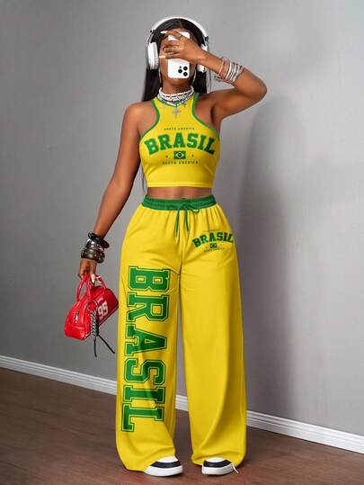 Slaydiva 2 pièces/Set Style de rue décontracté pour femmes, débardeur moulant et pantalon ample. Convient pour la rue, la Coupe d'Afrique, la mode de rue