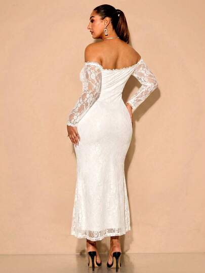 BAE Robe maxi élégante en patchwork de dentelle soyeuse blanche pour femmes grandes tailles, robe de soirée longue formelle pour invitée de mariage en automne, tenue de fête pour les vacances, été