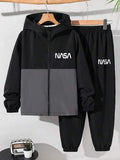 2 pièces/Set Veste à capuche et pantalon de sport graphique contrastant pour garçon préadolescent, convient pour le trajet, l'école, les loisirs, les voyages, les sports, automne/hiver