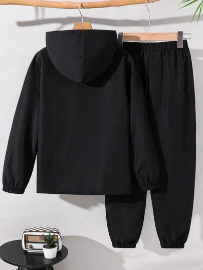 2 pièces/Set Veste à capuche et pantalon de sport graphique contrastant pour garçon préadolescent, convient pour le trajet, l'école, les loisirs, les voyages, les sports, automne/hiver