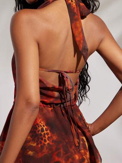 Opulessa Robe mini sans manches à col plongeant et dos nu, couleur contrastée, style élégant et des années 70, motif floral, pour l'été, le club, les fêtes et les sorties nocturnes, nuances de brun