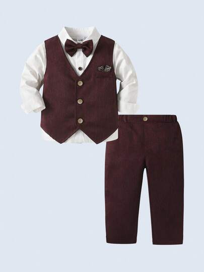 BOARNSEORL 3 pièces Tenue de jeune homme de type gentleman - Chemise blanche, nœud papillon, gilet et pantalon bordeaux, convient pour l'anniversaire, Noël, le Nouvel An, le mariage, l'anniversaire