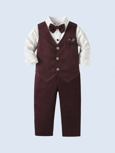BOARNSEORL 3 pièces Tenue de jeune homme de type gentleman - Chemise blanche, nœud papillon, gilet et pantalon bordeaux, convient pour l'anniversaire, Noël, le Nouvel An, le mariage, l'anniversaire
