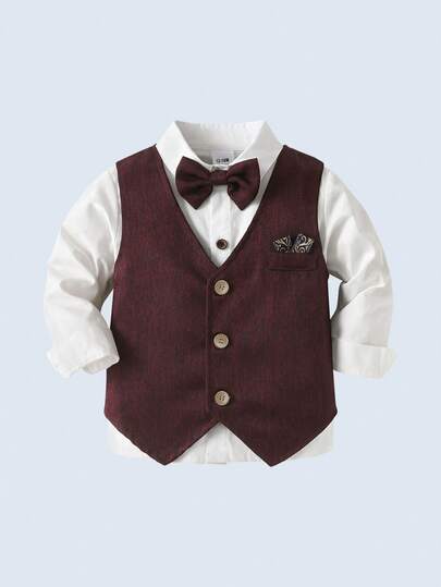 BOARNSEORL 3 pièces Tenue de jeune homme de type gentleman - Chemise blanche, nœud papillon, gilet et pantalon bordeaux, convient pour l'anniversaire, Noël, le Nouvel An, le mariage, l'anniversaire