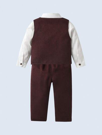 BOARNSEORL 3 pièces Tenue de jeune homme de type gentleman - Chemise blanche, nœud papillon, gilet et pantalon bordeaux, convient pour l'anniversaire, Noël, le Nouvel An, le mariage, l'anniversaire