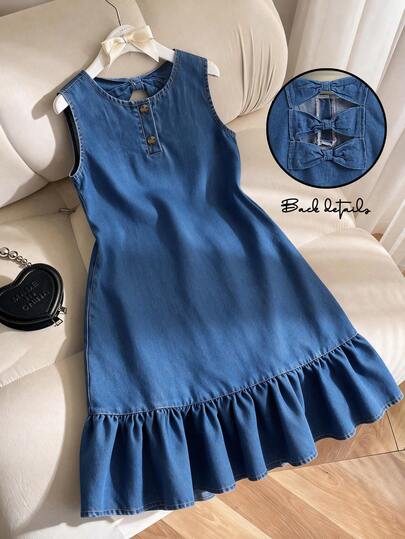 Robe en jean sans manches pour filles avec ourlet volant, printemps/été