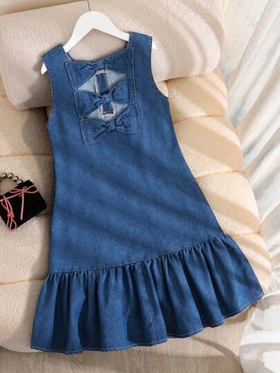 Robe en jean sans manches pour filles avec ourlet volant, printemps/été