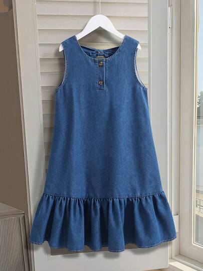 Robe en jean sans manches pour filles avec ourlet volant, printemps/été