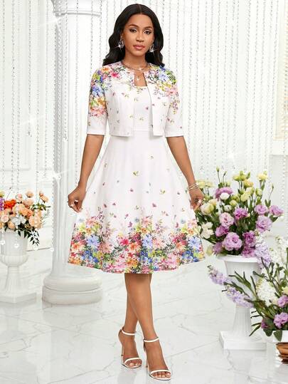 Ensemble de 2 pièces robe imprimée élégante et veste pour femmes