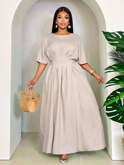 SOLERSUN Robe longue ample et ample pour femmes grandes tailles, col rond, taille plissée, nœud papillon dans le dos, manches chauve-souris. Robe décontractée et modeste, convenant pour le printemps, l'été, les déplacements quotidiens, les vacances, les o