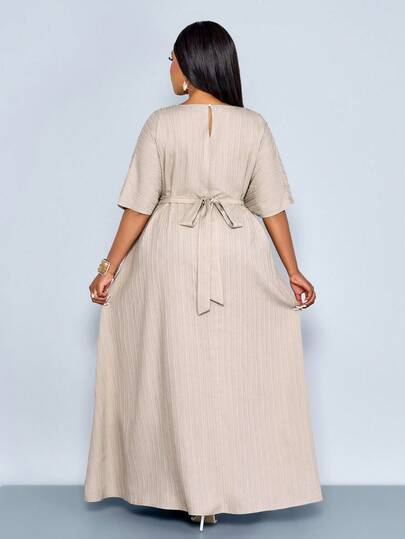 SOLERSUN Robe longue ample et ample pour femmes grandes tailles, col rond, taille plissée, nœud papillon dans le dos, manches chauve-souris. Robe décontractée et modeste, convenant pour le printemps, l'été, les déplacements quotidiens, les vacances, les o