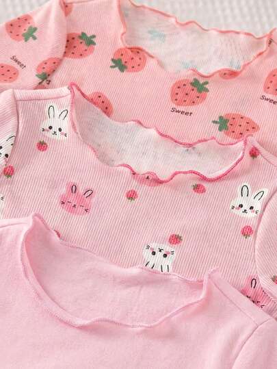 LMoss Kids 6 pièces Ensemble de pyjama d'été pour bébé fille, motif fraise mignon avec volants, col rond, manches courtes, short en tricot doux et respirant