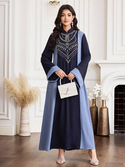 Al Najma Tunique longue turque pour femmes, style conservateur et décontracté, avec broderie et couleurs contrastées. Robe arabe pour femmes.