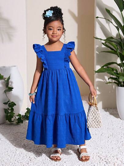 Robe longue pour jeune fille à col carré bleu mode, manches à volants, dos nu avec nœud, style bohème, drapé confortable, imprimé totem noir et blanc, minimaliste élégante, convient pour les fêtes, sorties, vacances, plage au printemps/été