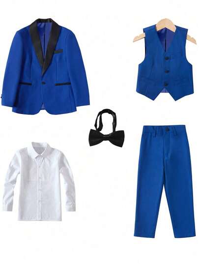 5 pièces Ensemble costume pour garçons, col châle, tenue de cérémonie pour bébé, tenue de page, veste de costume de mariage, gilet, pantalon, chemise, cravate, bleu royal, taille 3-16 ans