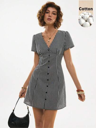 Poéselle Robe mini d'été décontractée pour femmes, avec boutons devant, taille cintrée et manches courtes
