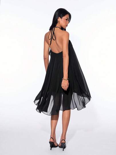 ICON Robe mini élégante d'été pour femme, couleur unie, col licou, ourlet asymétrique, noire, mode pour soirée et fête