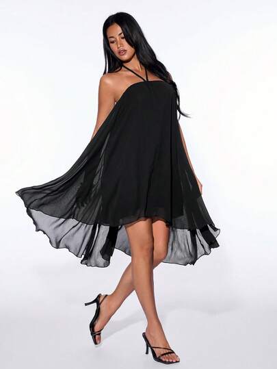 ICON Robe mini élégante d'été pour femme, couleur unie, col licou, ourlet asymétrique, noire, mode pour soirée et fête