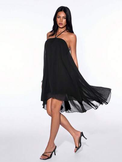 ICON Robe mini élégante d'été pour femme, couleur unie, col licou, ourlet asymétrique, noire, mode pour soirée et fête