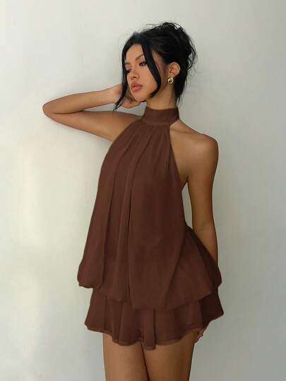 Aloruh Robe mini élégante à col ras-du-cou jaune clair pour femmes