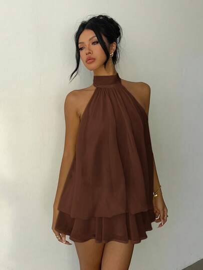 Aloruh Robe mini élégante à col ras-du-cou jaune clair pour femmes