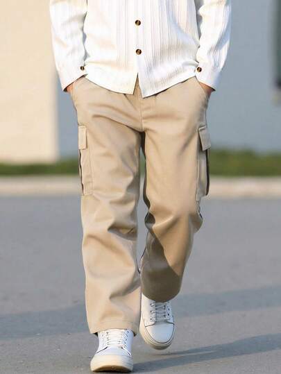 Ensemble 2 pièces chemise à manches longues & pantalon long pour garçons printemps/automne, chemise fine à petit col montant + pantalon long style cargo, tenue décontractée confortable et polyvalente pour l'extérieur pour garçons, convient aux garçons de