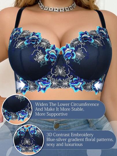 mimilemon Soutien-gorge de grande taille pour femmes bleu marine avec broderie florale - Soutien ample et confortable